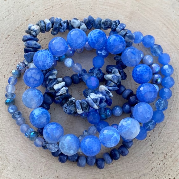 Natural Blue Agate & Kyanite Gemstone Mixed Smooth Round Bead Bracelet Stack - Picture 1 of 12